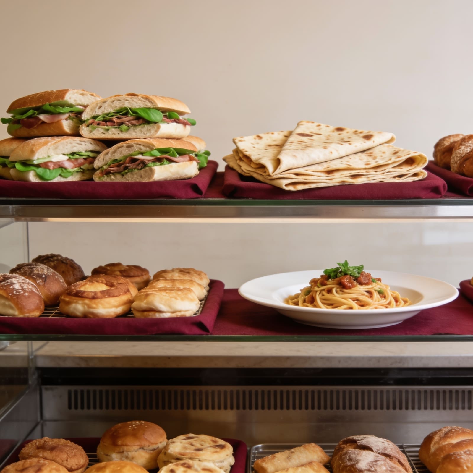 Banco con panini, piadine, dolci e un primo piatto